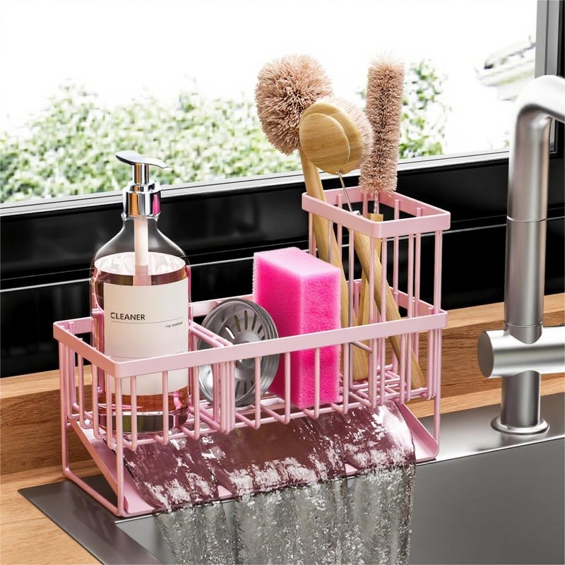 Cisily Pink Kitchen Sink Caddy Organzier with High Brush Holder, Sponge Holder for Sink, 304 Rustproof Stainless, Kitchen Countertop Soap Dispenser Organizer - Image 1